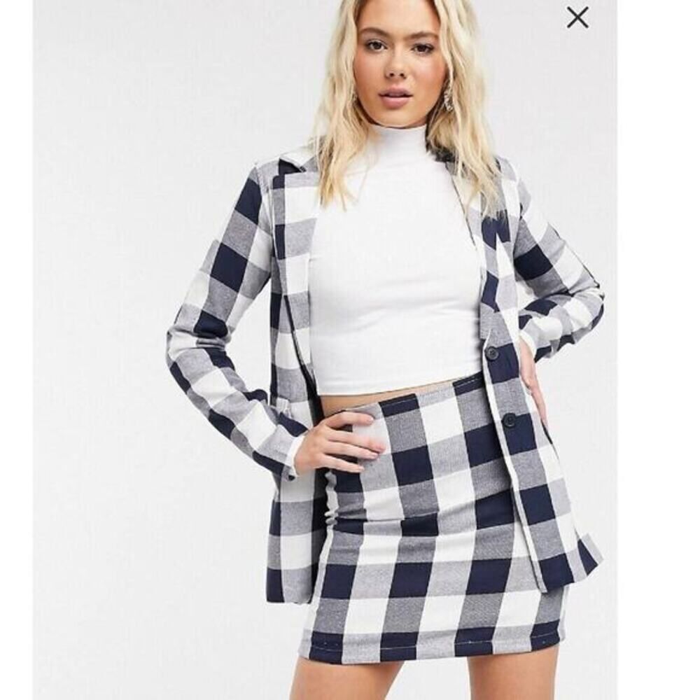 ASOS Heartbreak Navy blue and White Gingham Check longline blazer size 6